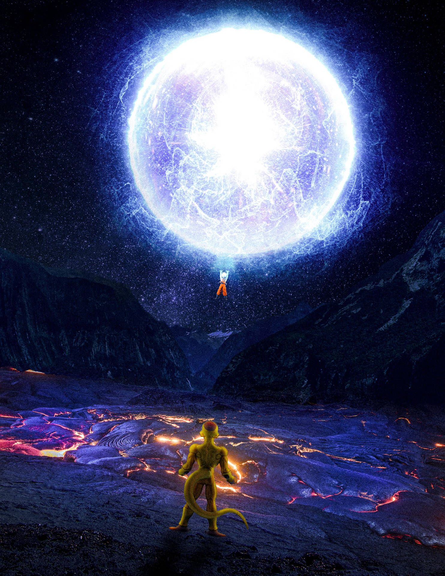 Goku's Spirit Bomb With Golden Frieza Background