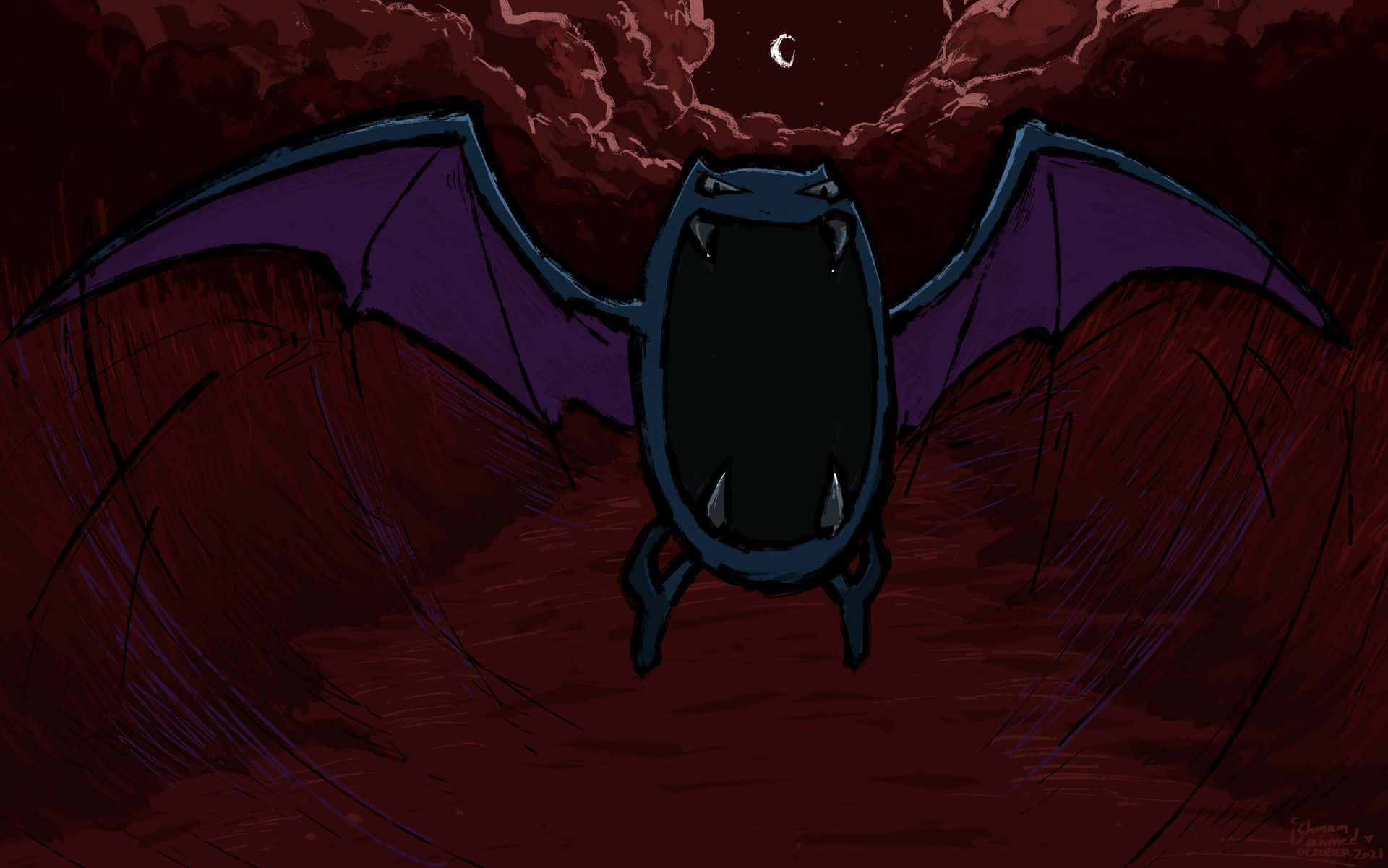 Golbat Against Red Sky Moon Background