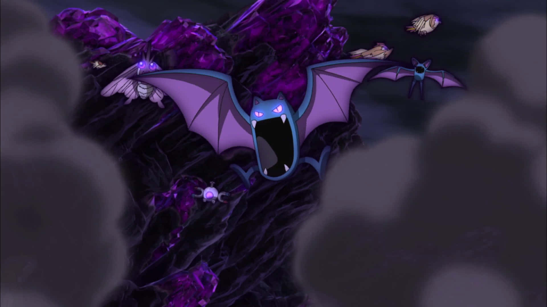 Golbat Flying Against Dark Purple Sky Background