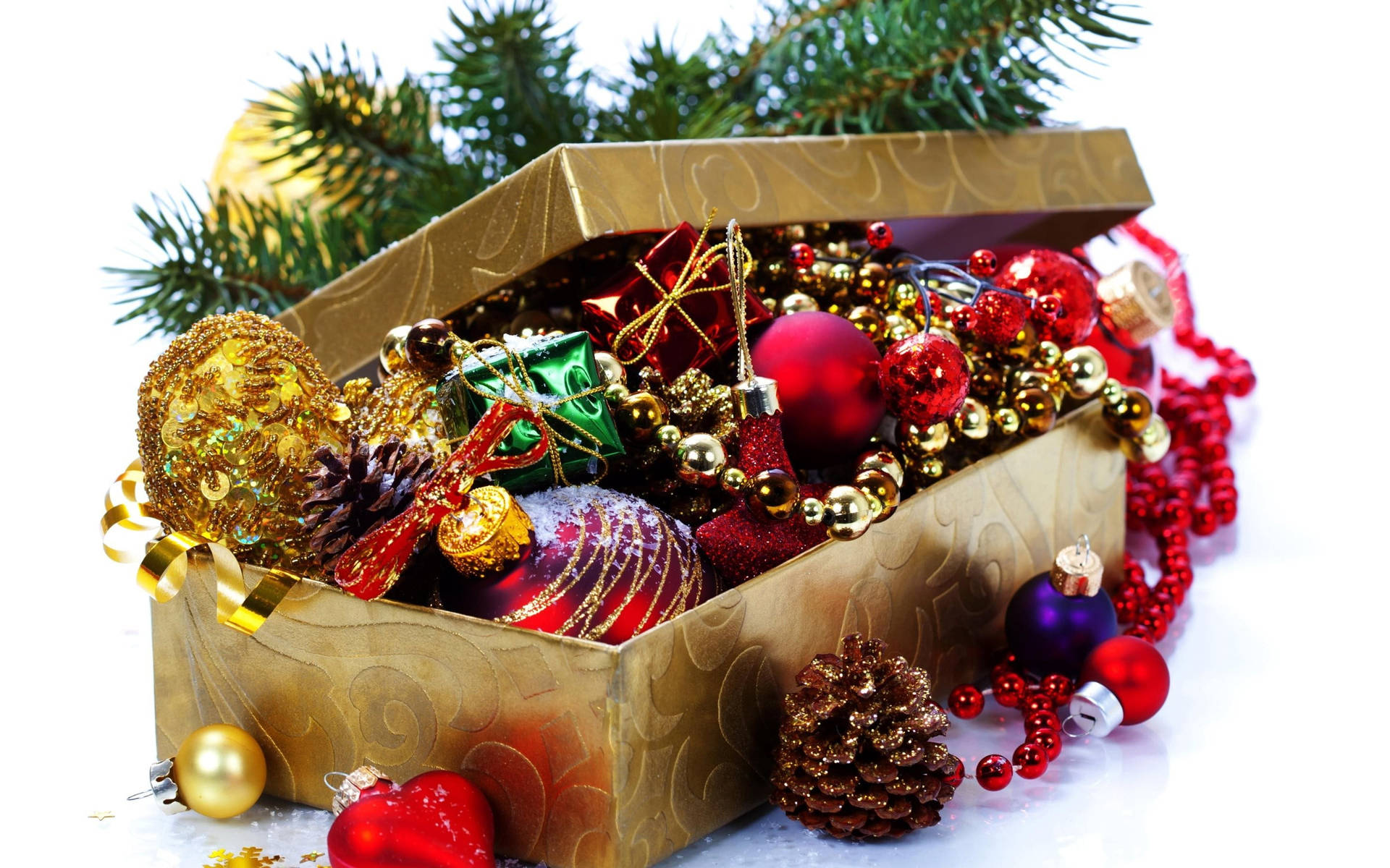 Gold Box With Christmas Balls Background