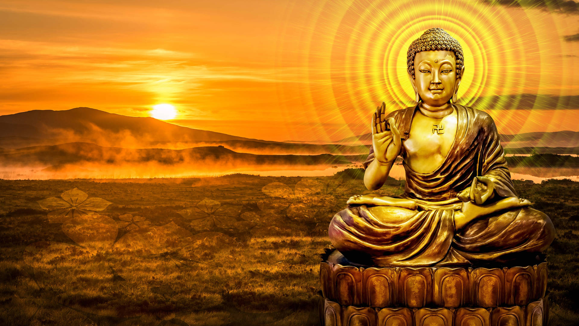 Gold Buddha Statue Sunset Background