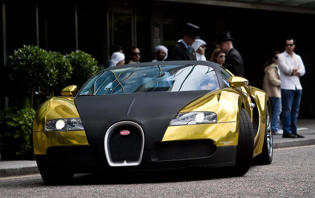 Gold Bugatti Veyron Car People Standingnding Background