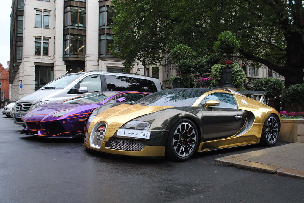 Gold Bugatti Veyron Car With Building Background