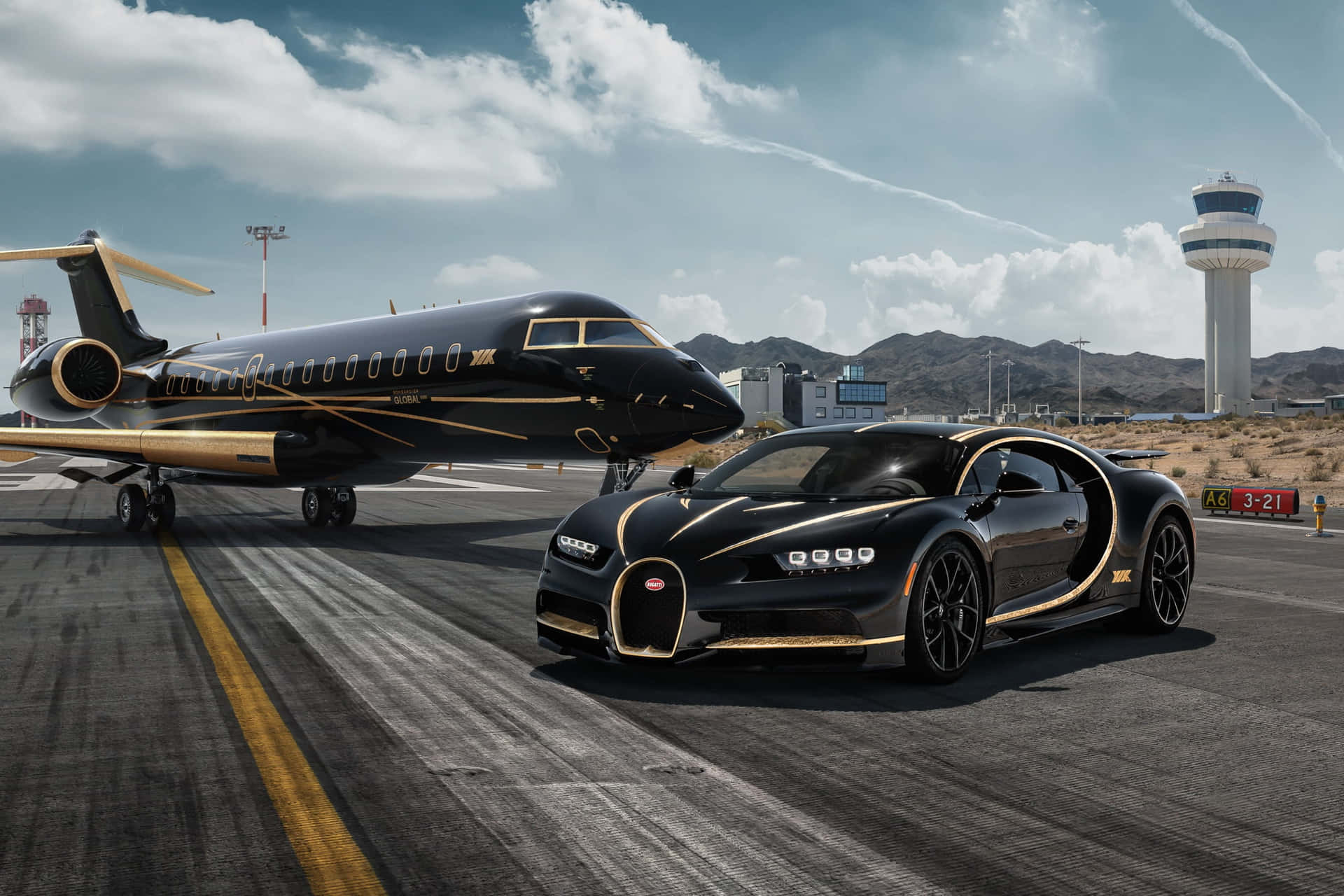 Gold Bugatti Veyron Car With Plane Background