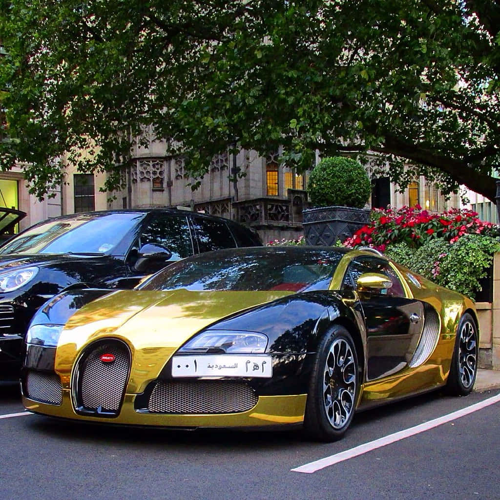 Gold Bugatti Veyron Car With Trees Background