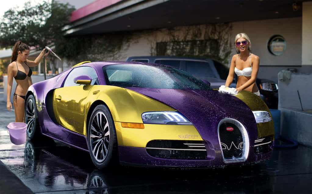 Gold Bugatti Veyron Car With Women Background