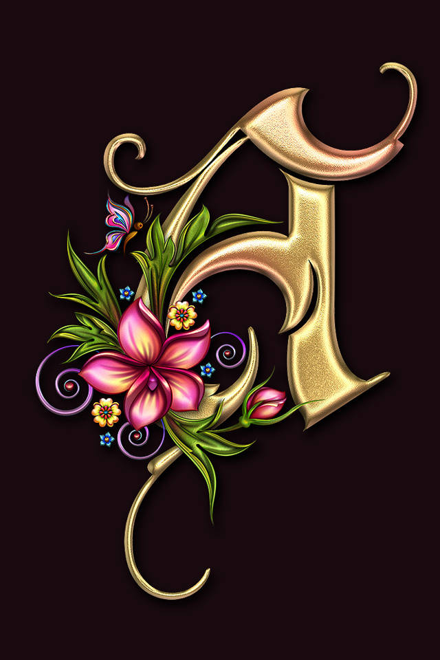 Gold Capital Alphabet Letter A With Blooming Flowers