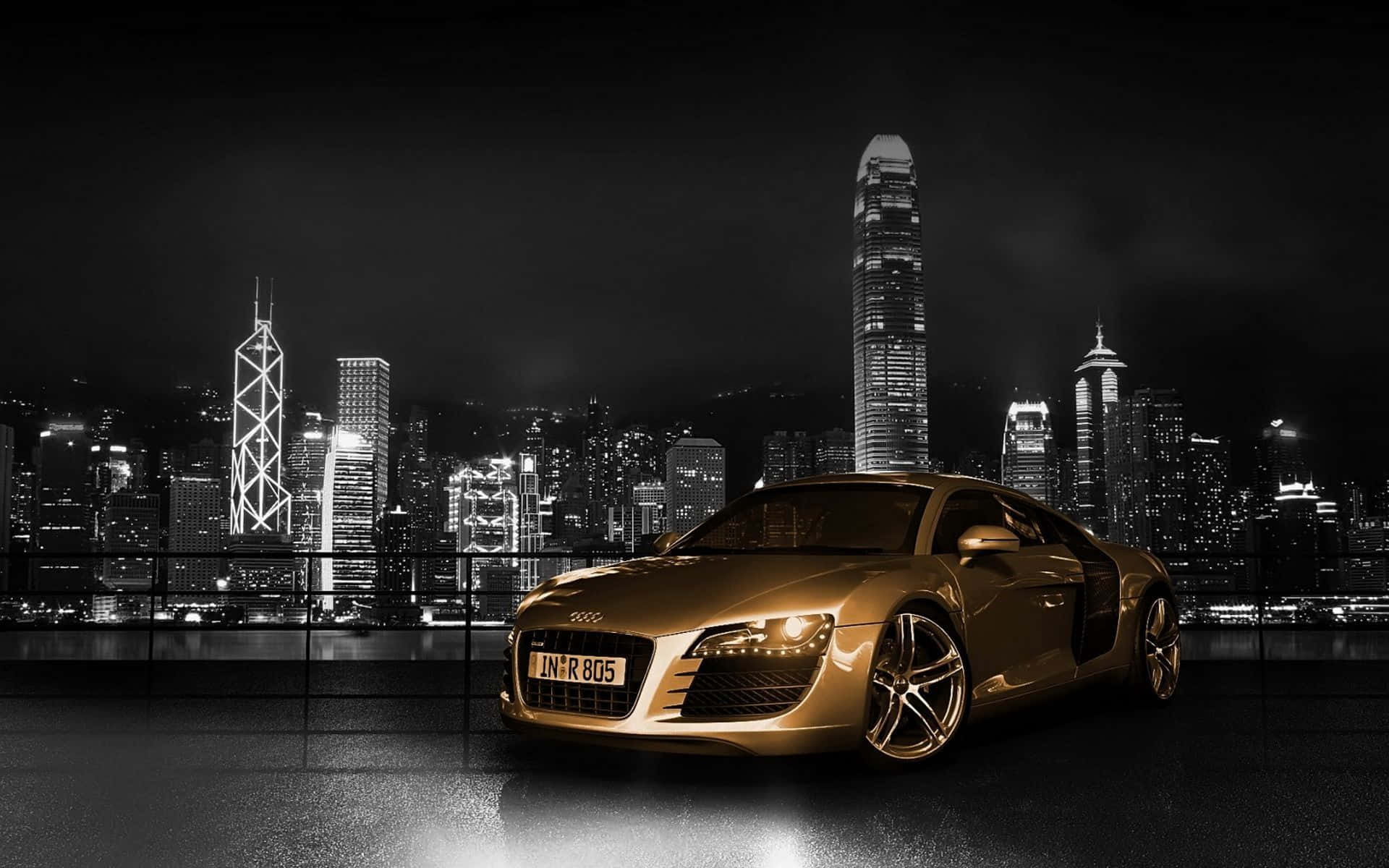 Gold Cars In Bw Cityscape Background