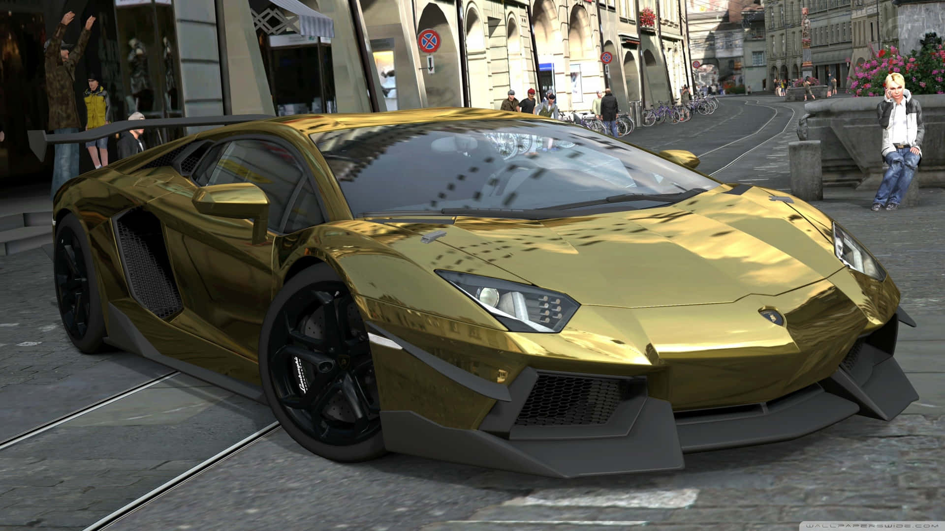 Gold Cars Lamborghini Aventador In City Background