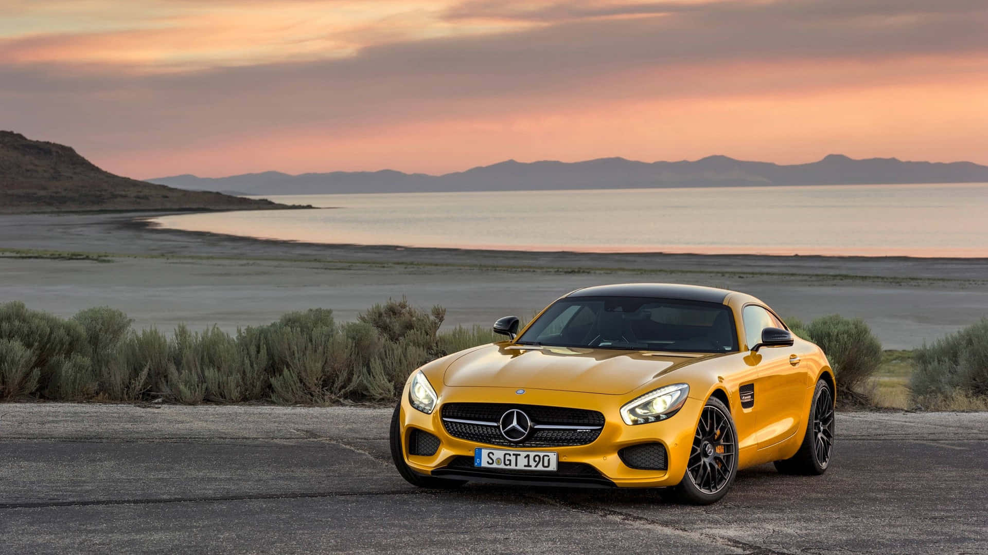 Gold Cars Mercedes Benz Sunset Background