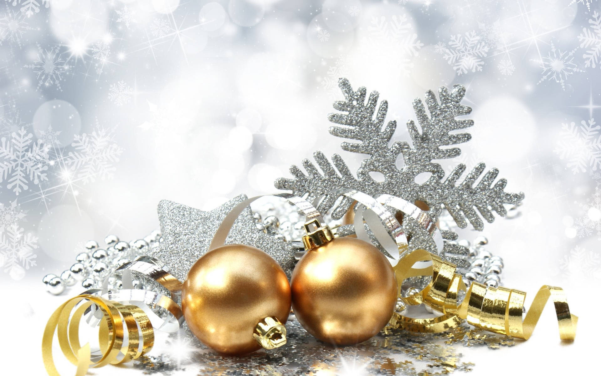Gold Christmas Balls Silver Snowflakes Background