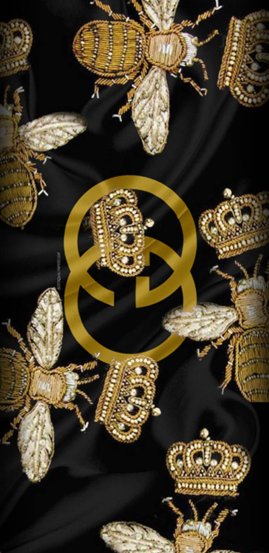 Gold Gucci Pattern With Crown And Bees Background
