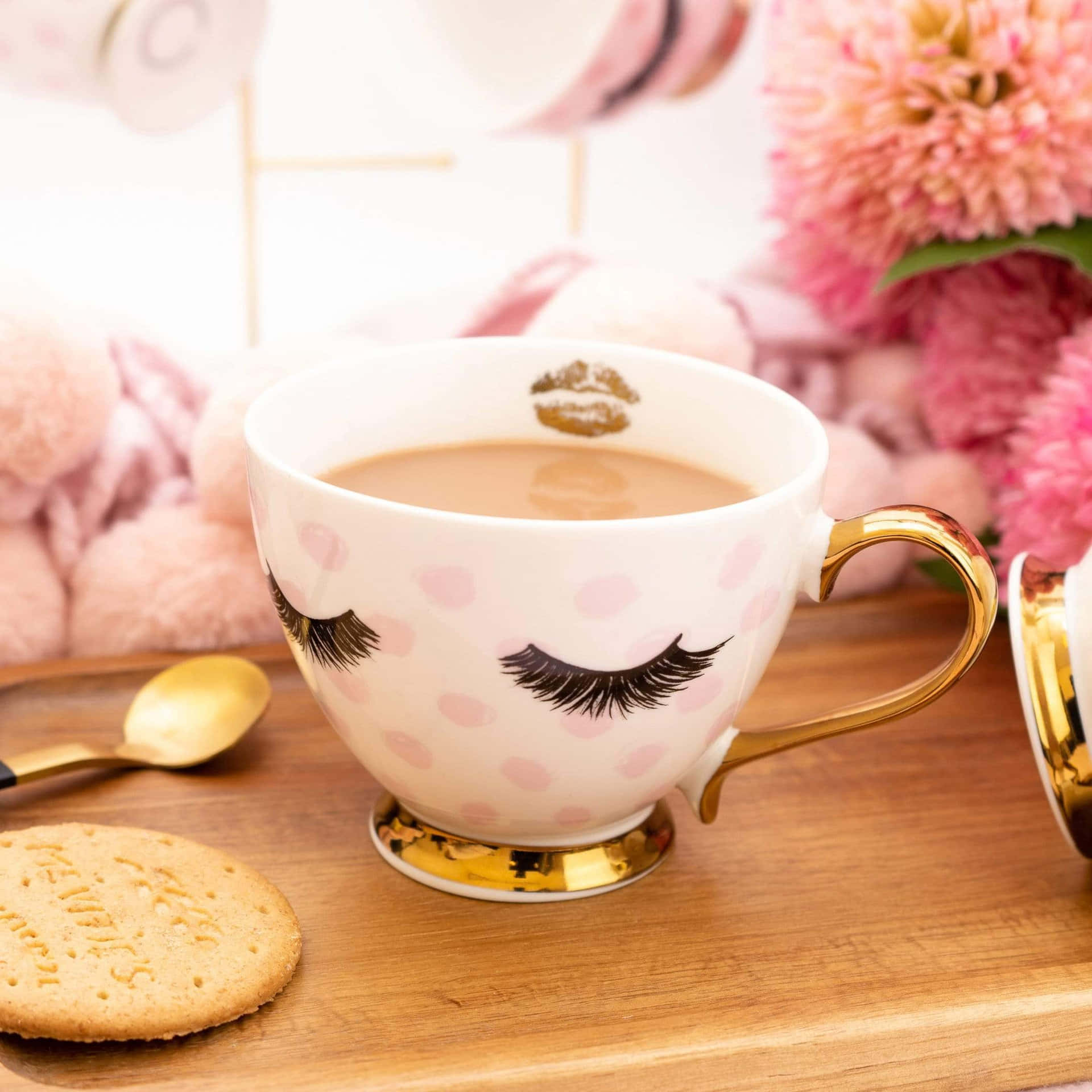 Gold Handled Mug With Eyelashes Background