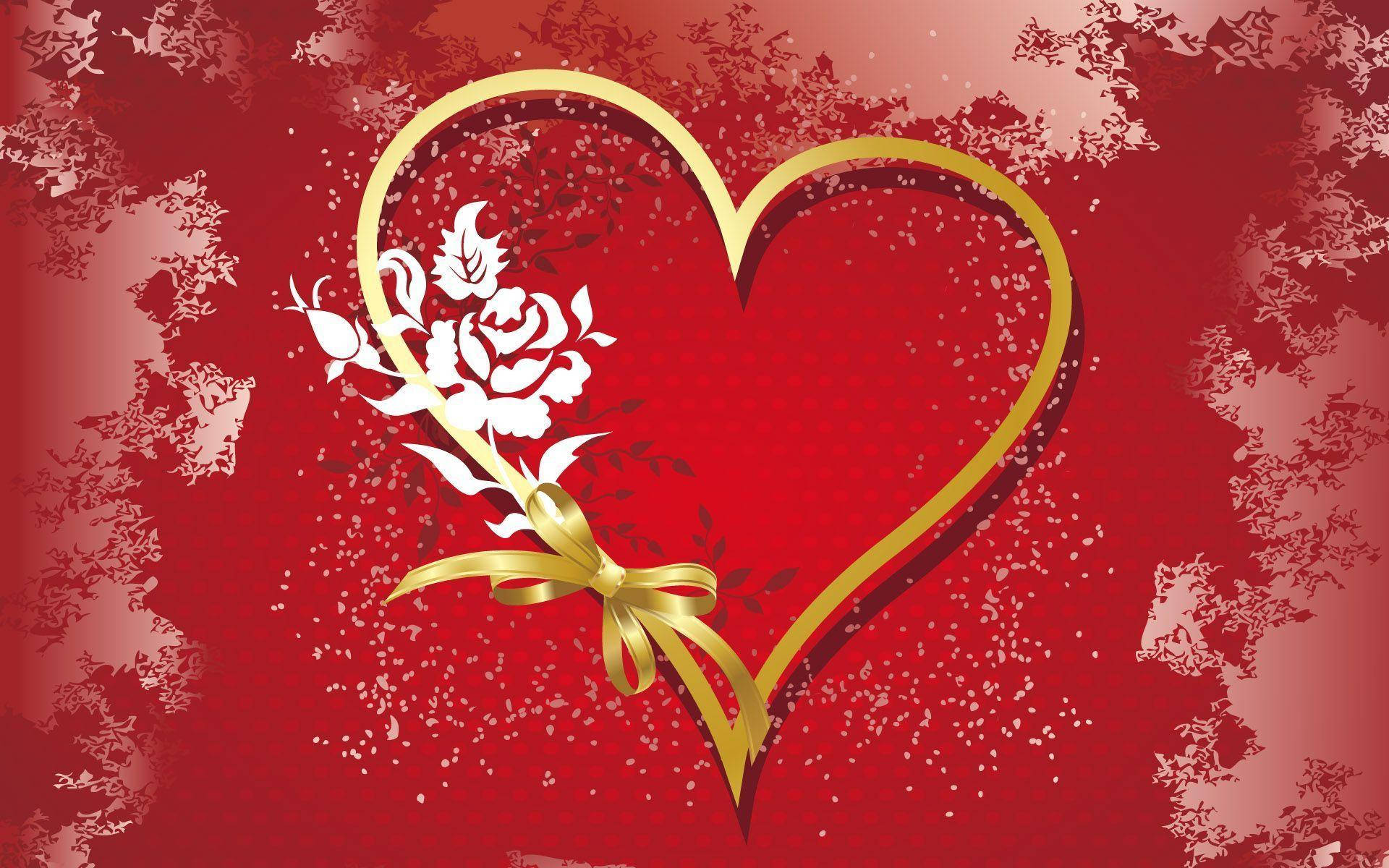 Gold Heart Over Red Color Background