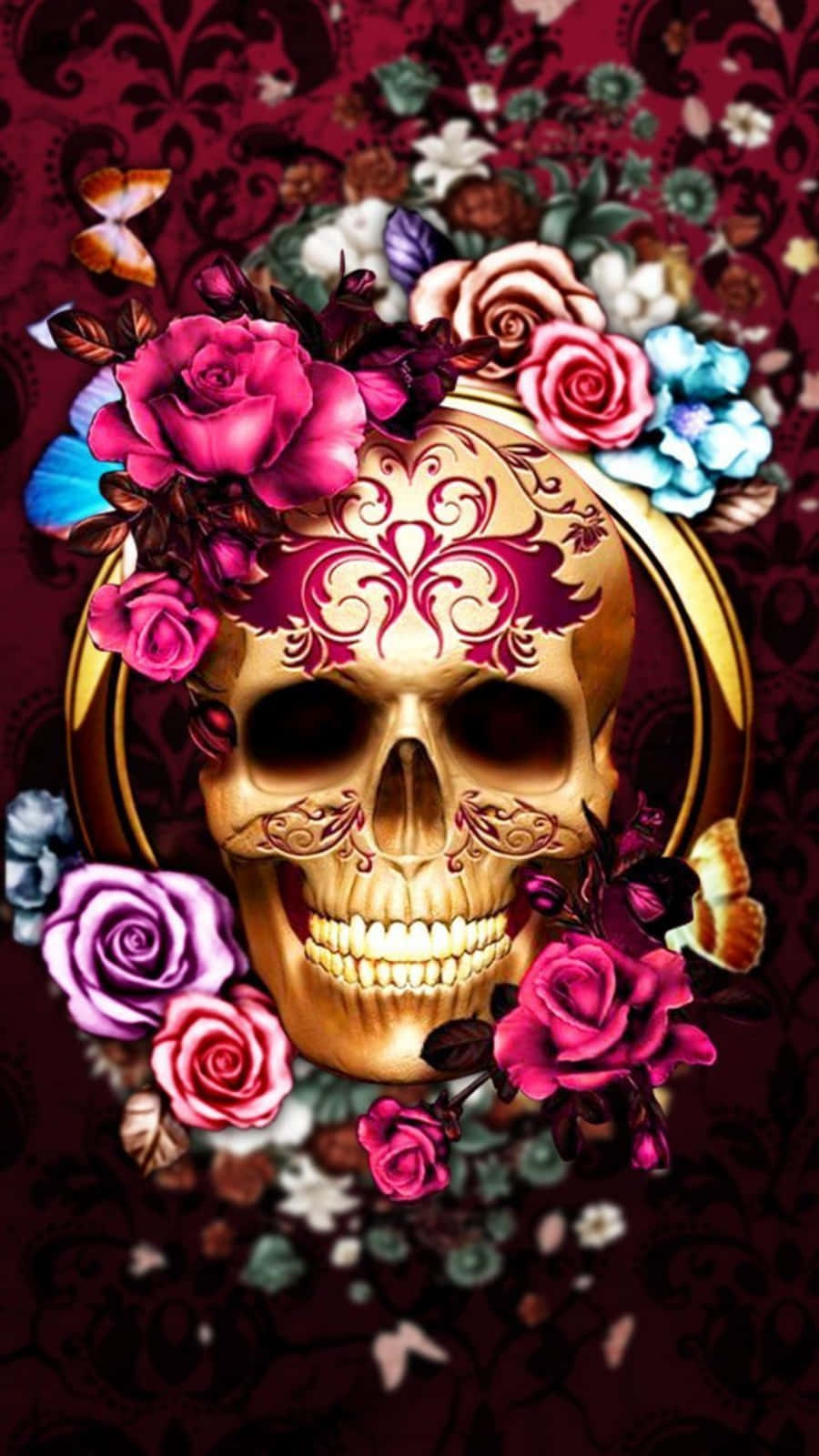 Gold Love Skulls And Roses Fantasy Background