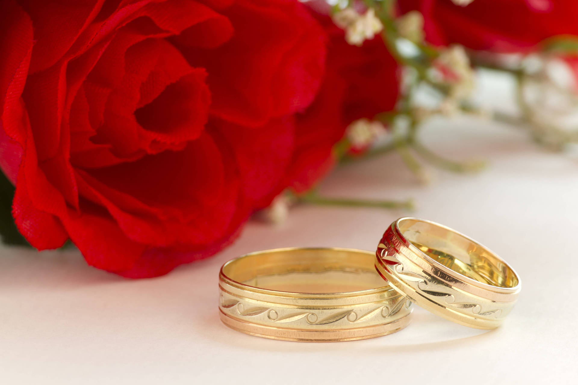 Gold Wedding Rings Red Rose Background