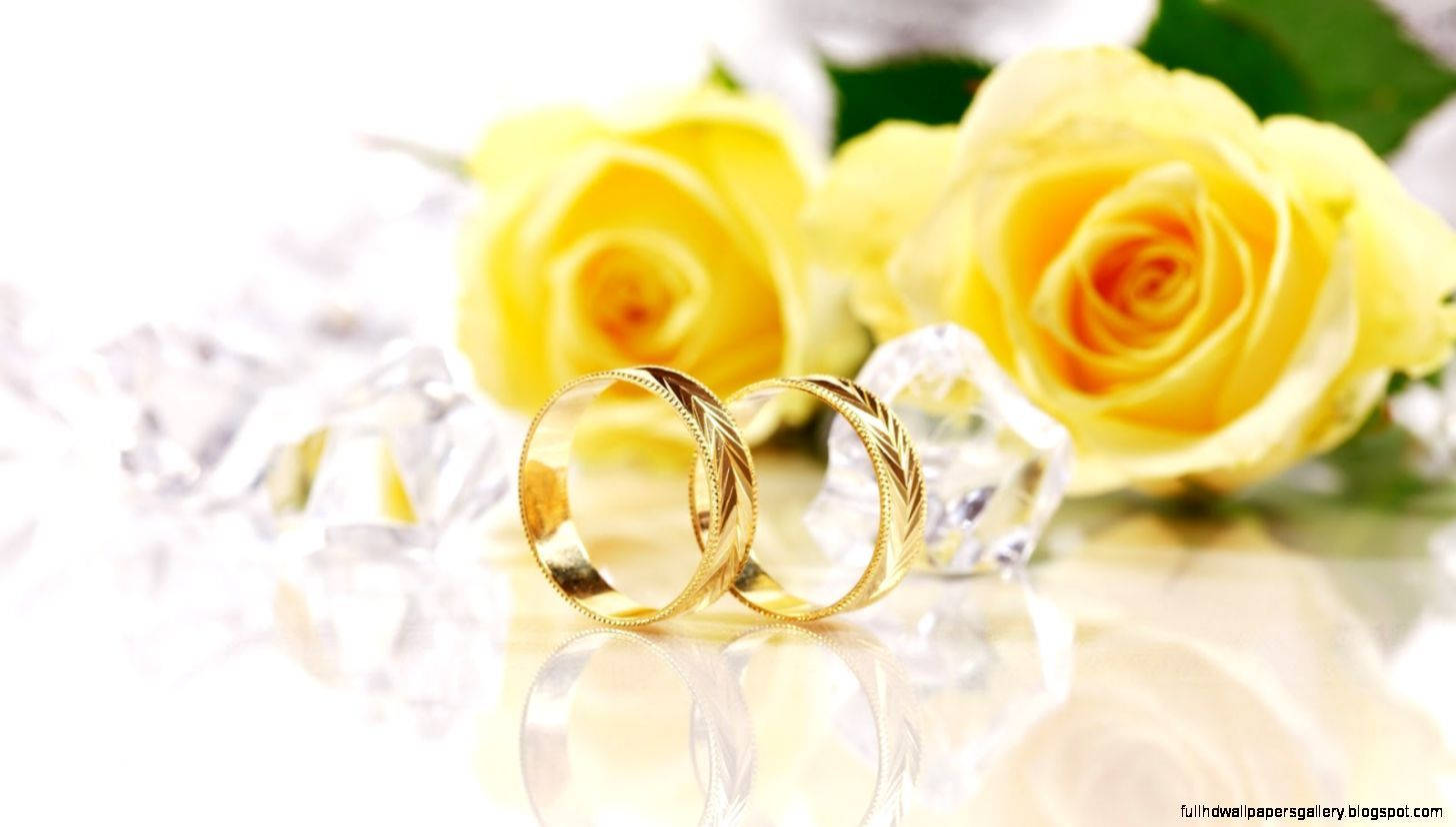 Gold Wedding Rings Yellow Flowers Background