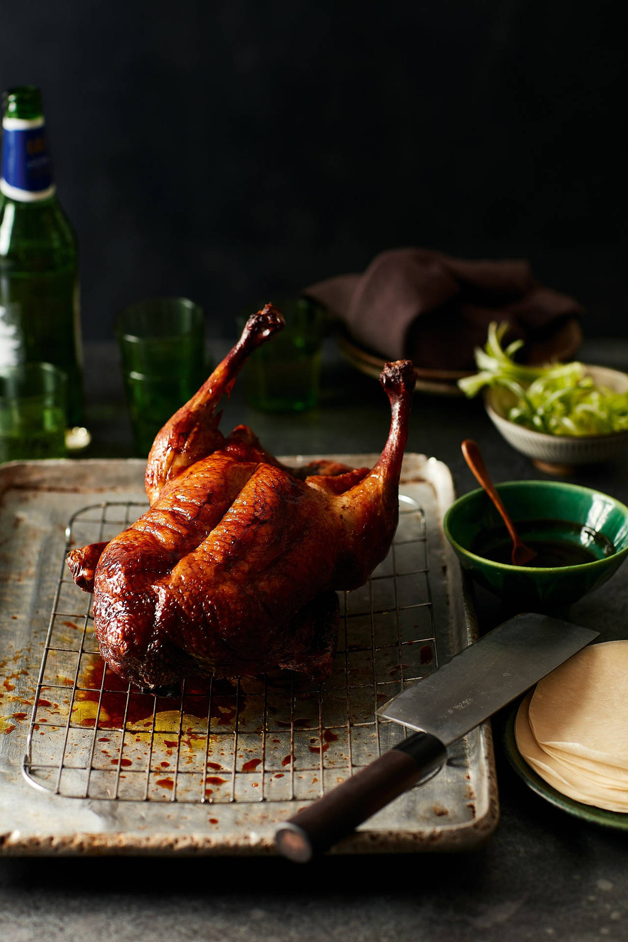 Golden Brown Roasted Peking Duck On Wire Rack Background