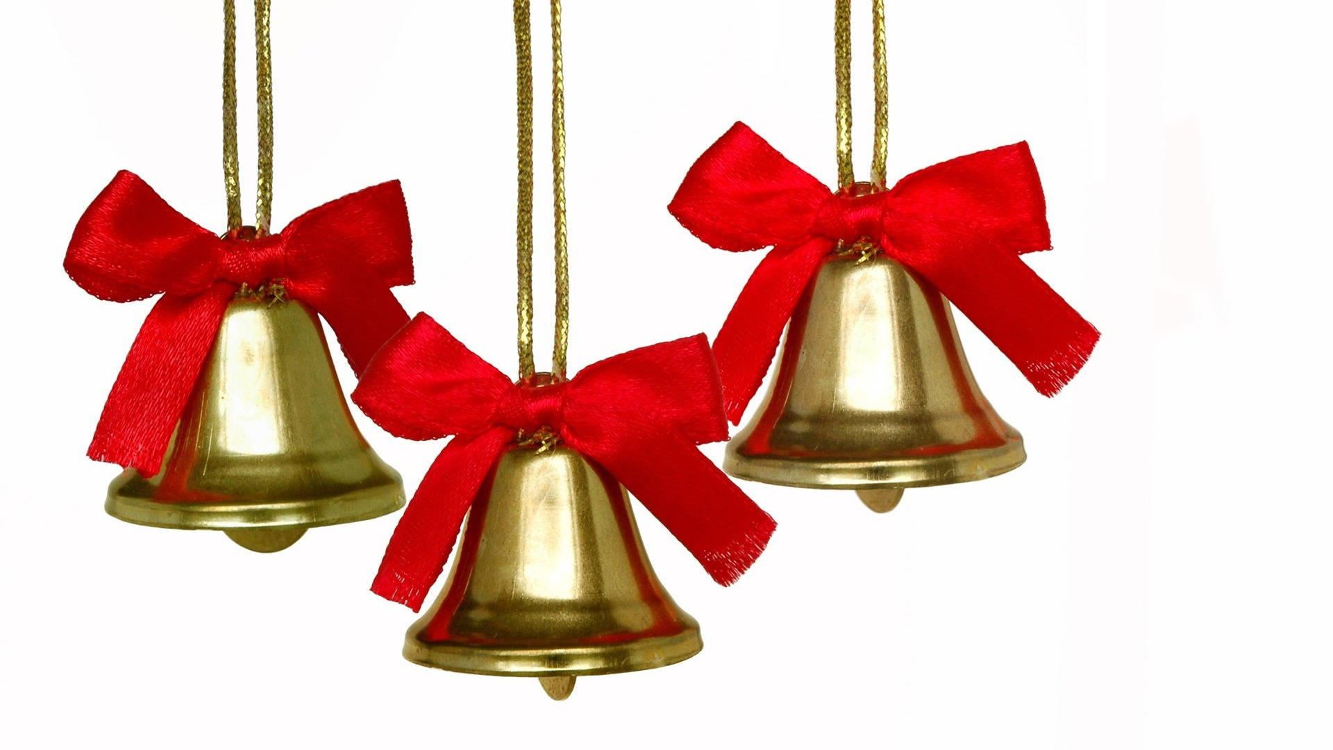 Golden Christmas Bells With Red Ribbons Background