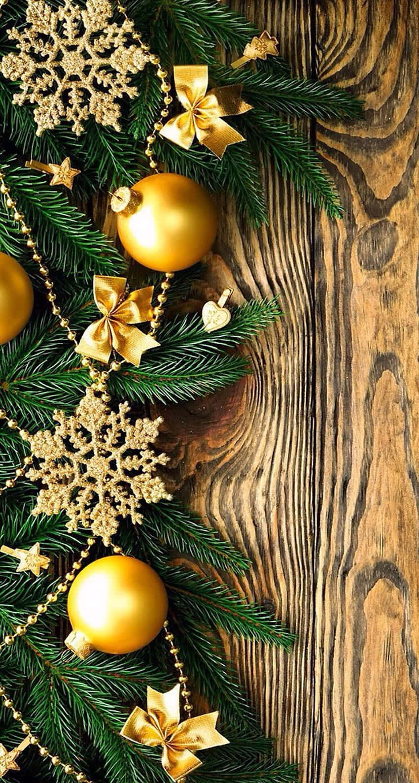 Golden Christmas Decorationson Wooden Background Background