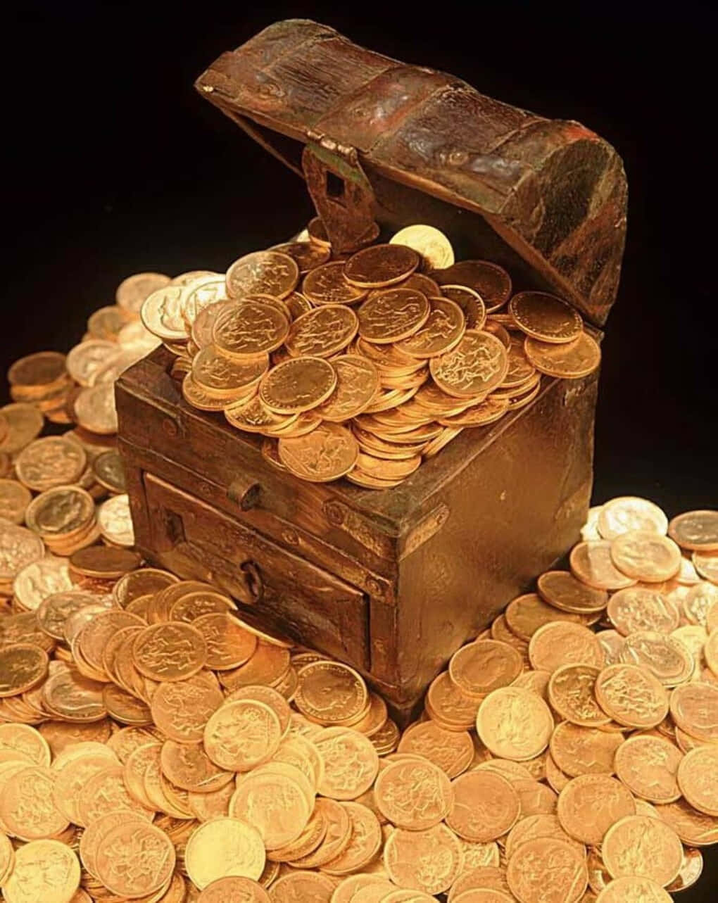 Golden Coins Overflowing From A Vintage Trunk Background