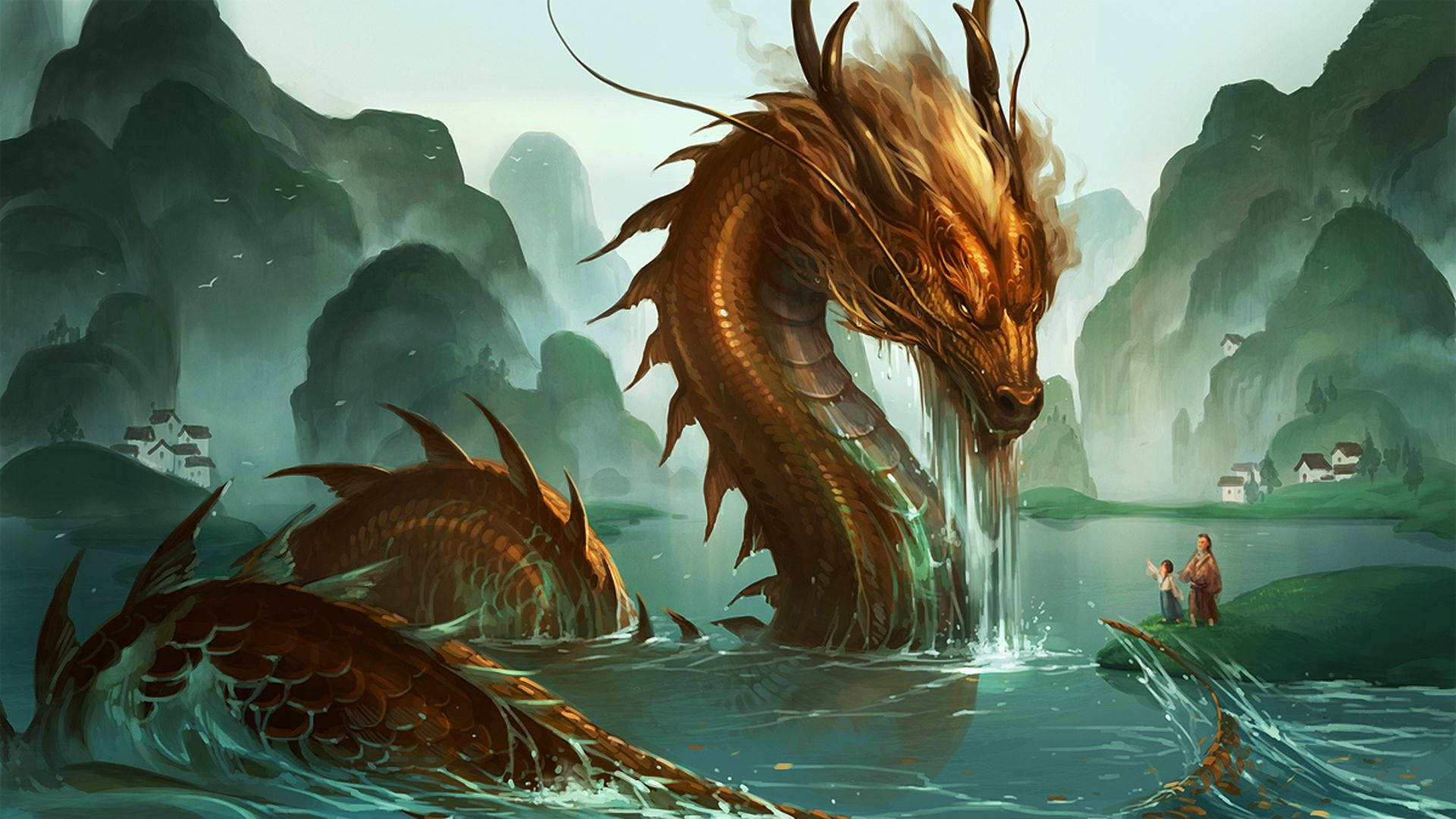 Golden Dragon In A Lake Background