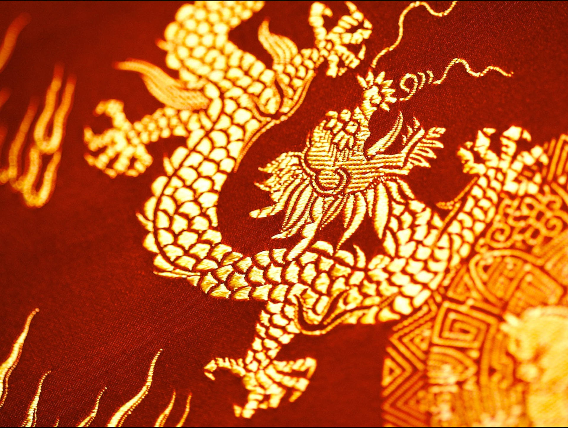 Golden Eastern Dragon Embroidery Background