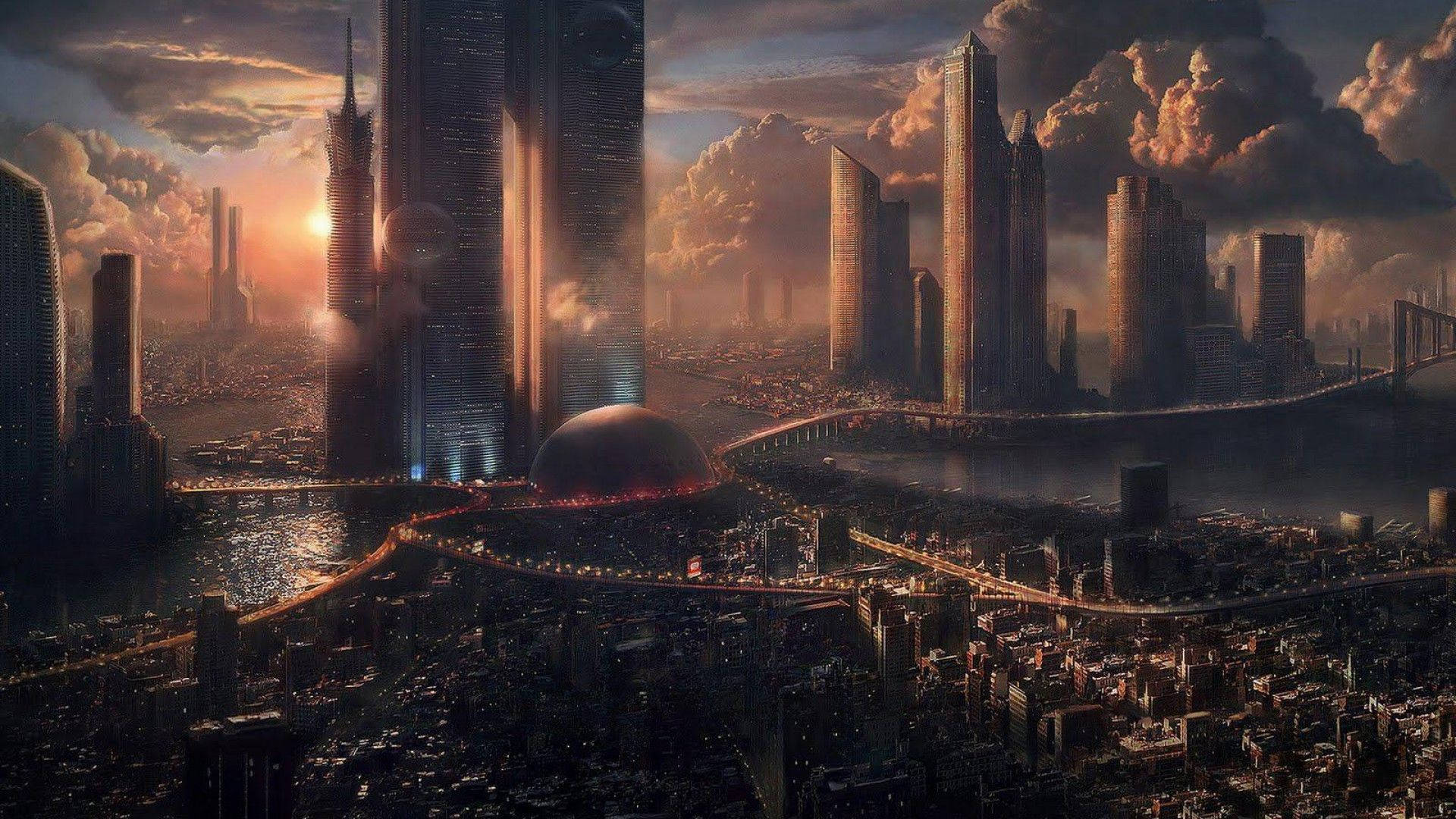 Golden Futuristic City Aerial View Background
