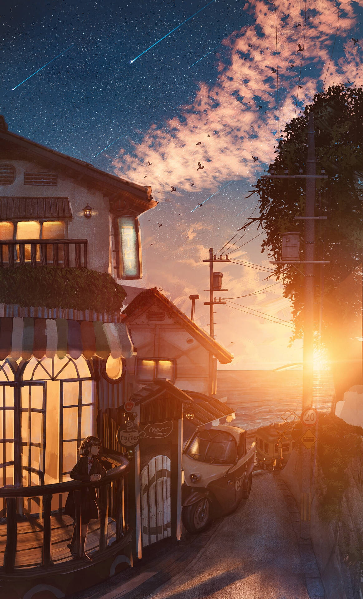 Golden Hour Over Cafe Aesthetic Anime Scenery Background