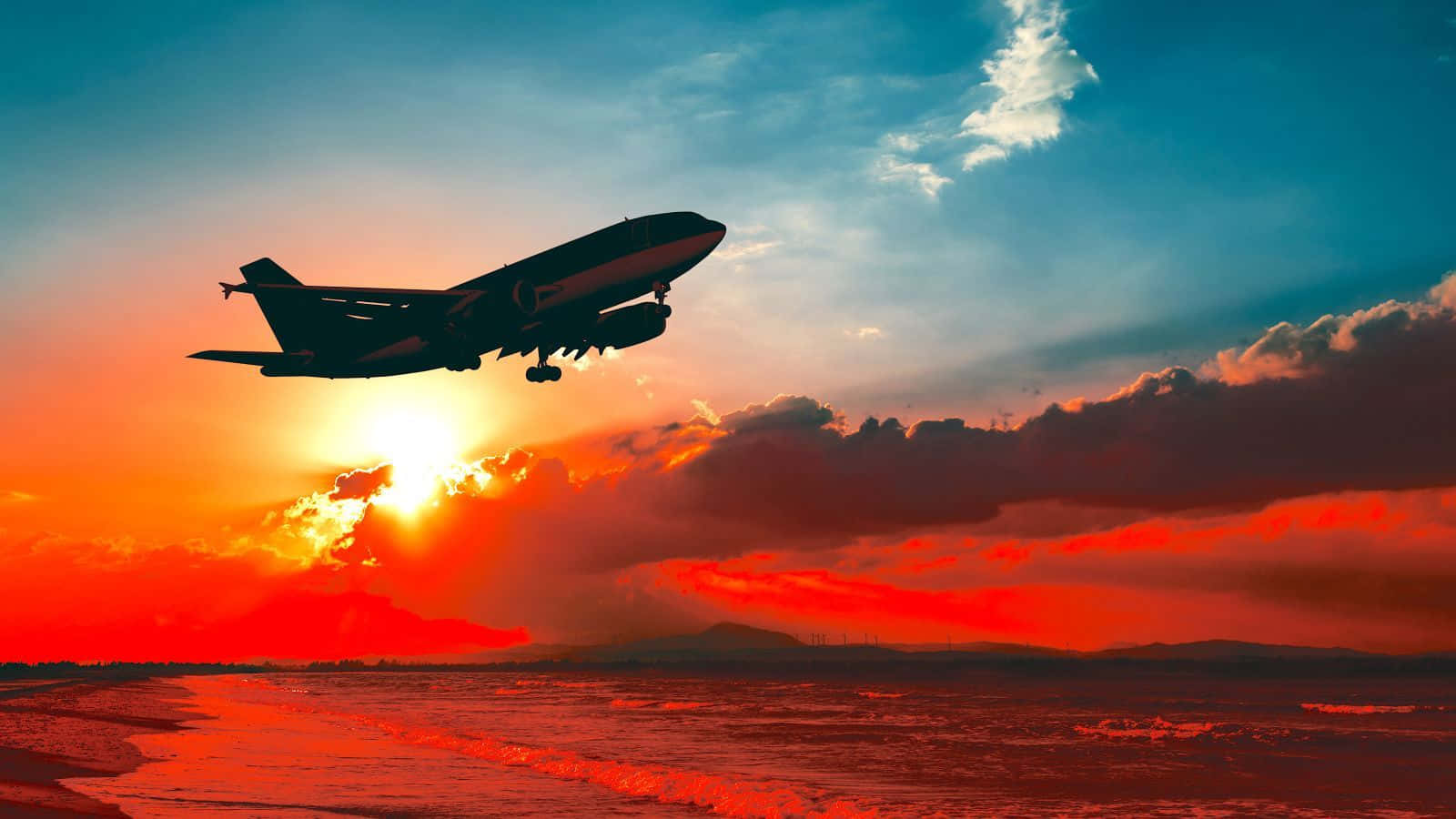 Golden Hour Silhouette Plane Background Background