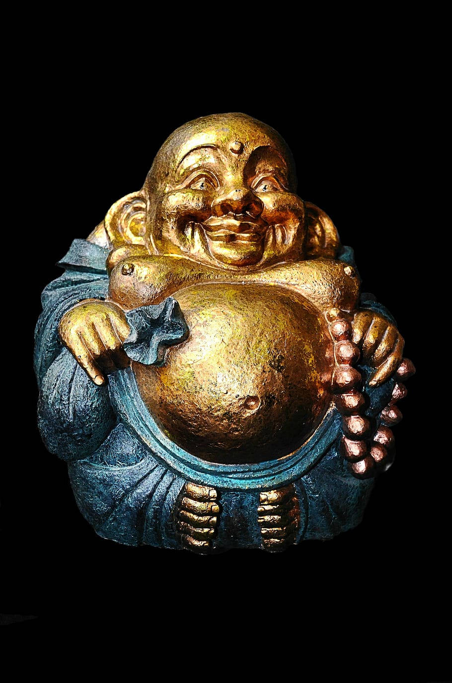 Golden Laughing Buddha In Blue Attire Background