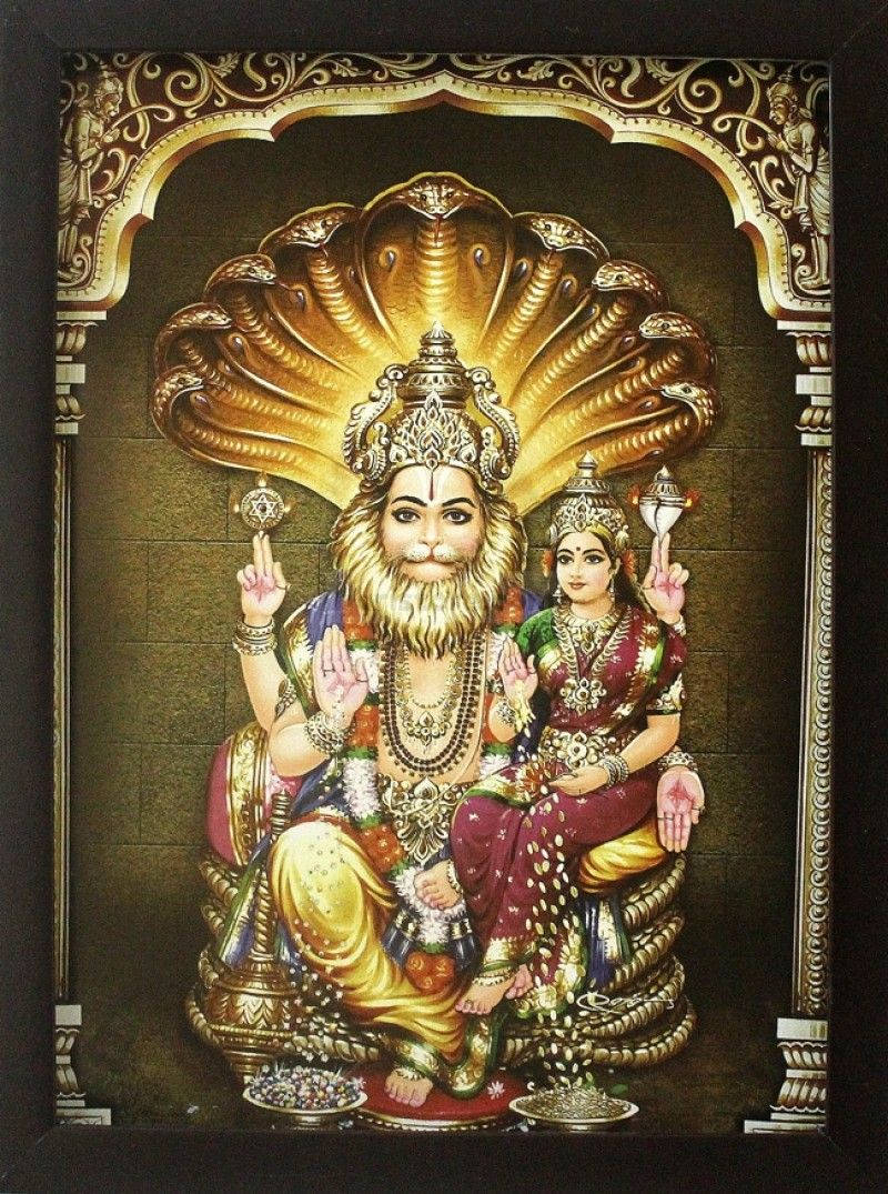 Golden Lord Narasimha And Lakshmi Background