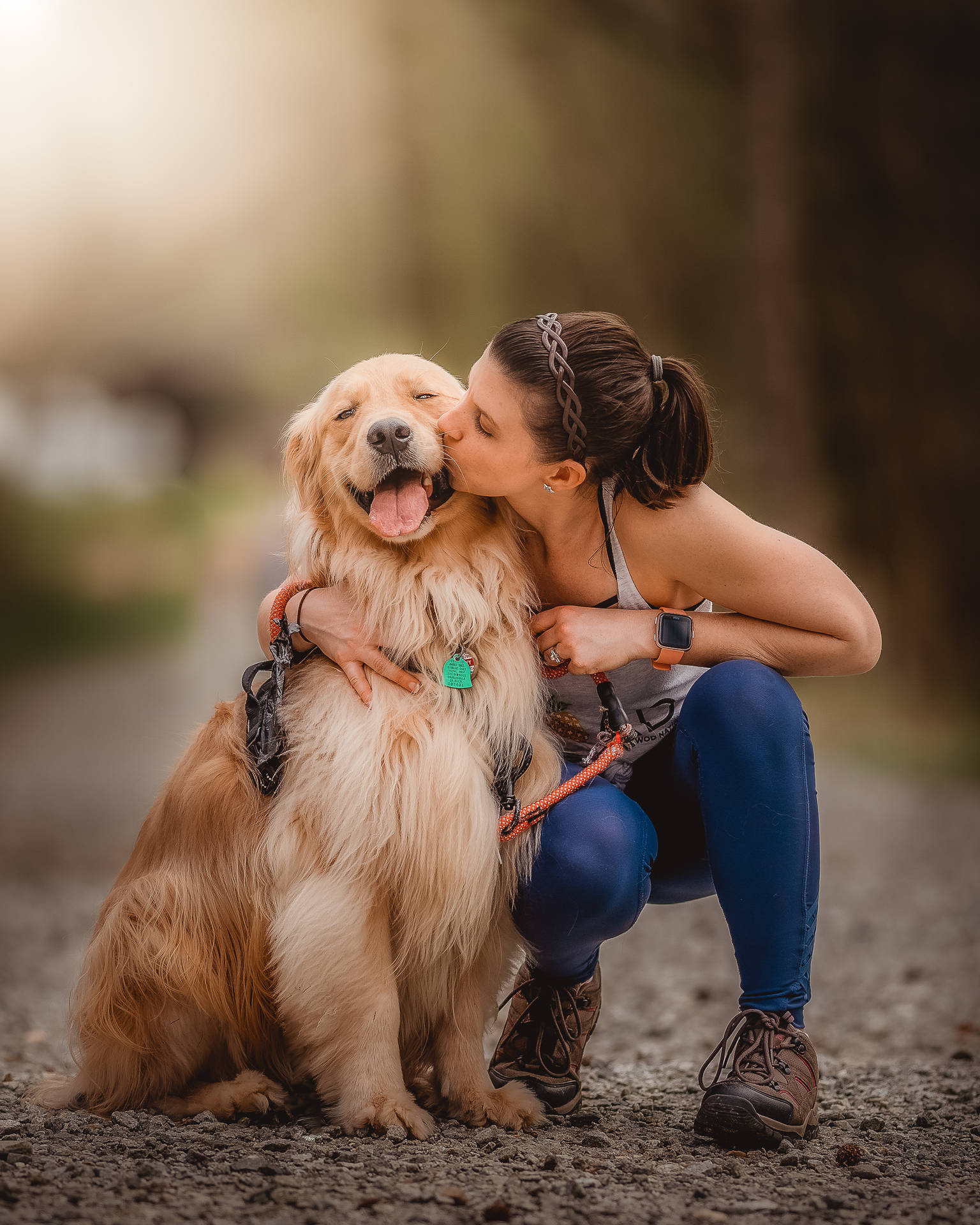 Golden Retriever Dog And Girl Kissing Background