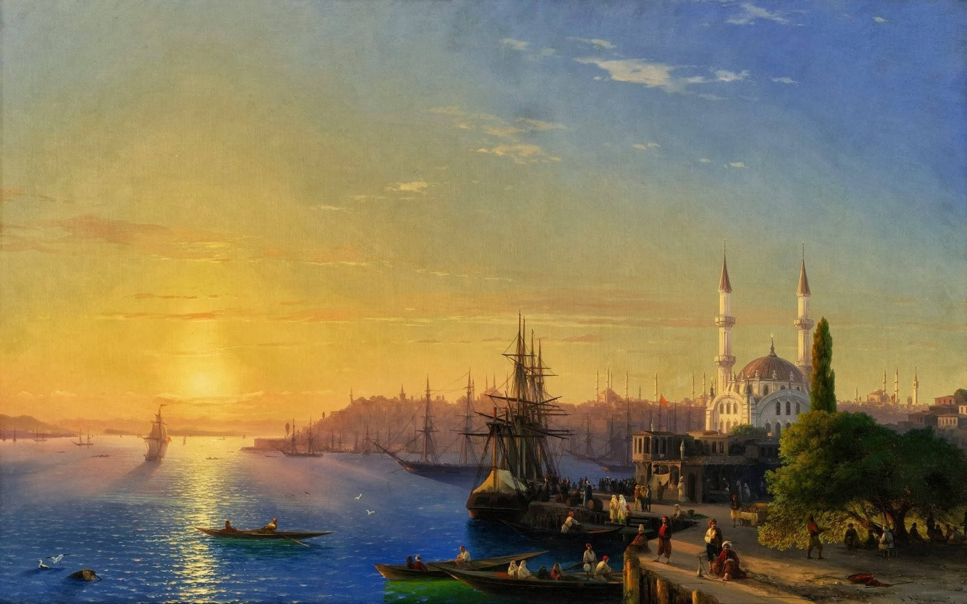 Golden Sunset Over Istanbul Harbor Background