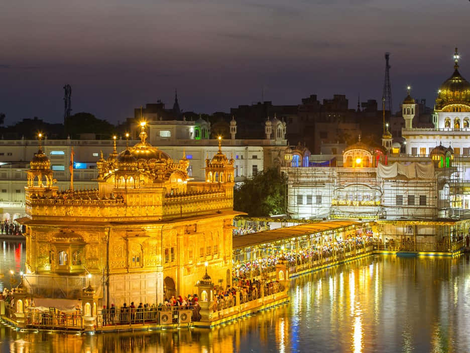 Golden Temple With Pilgrims Background