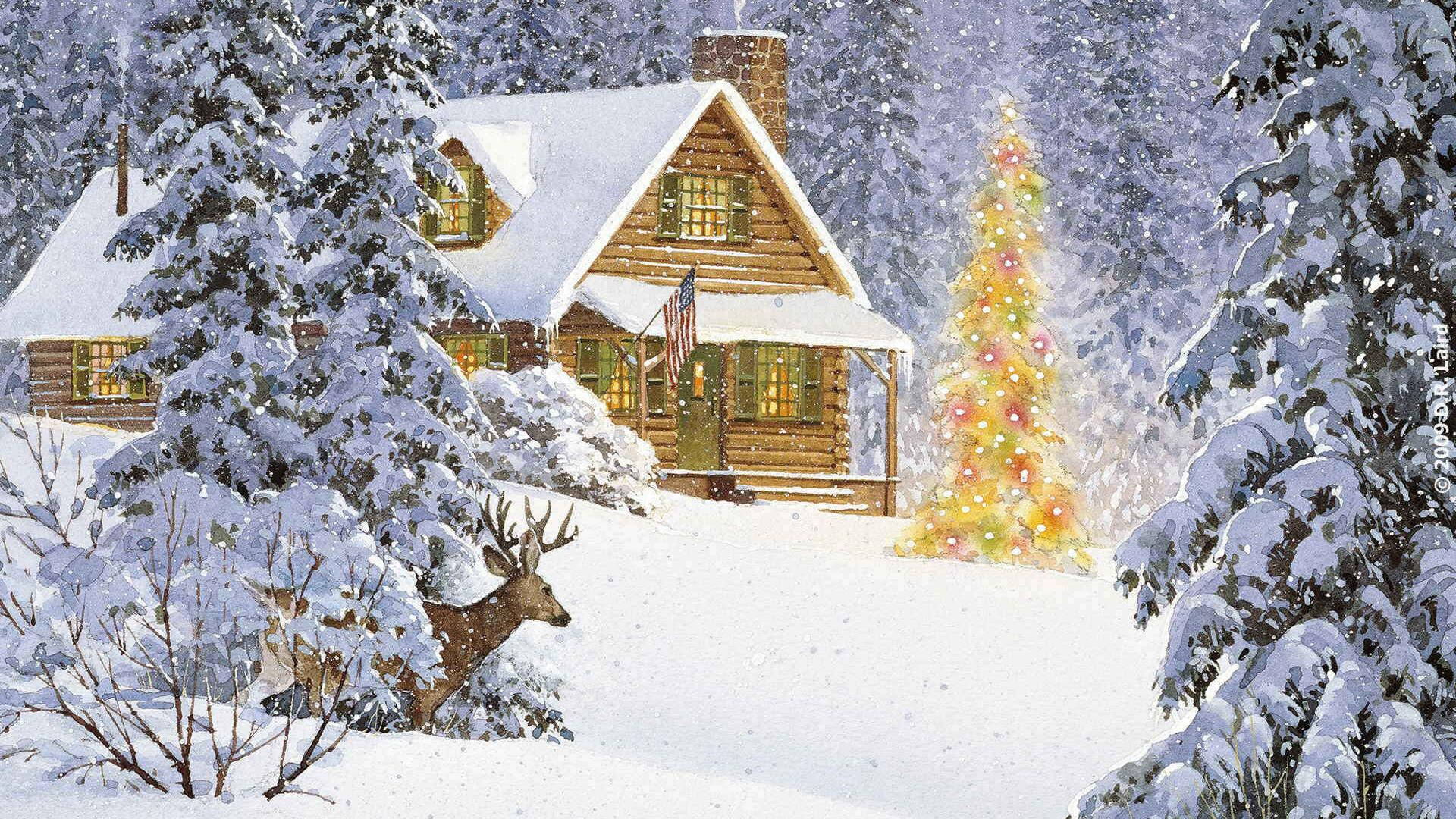 Golden Tree In Christmas Forest Background