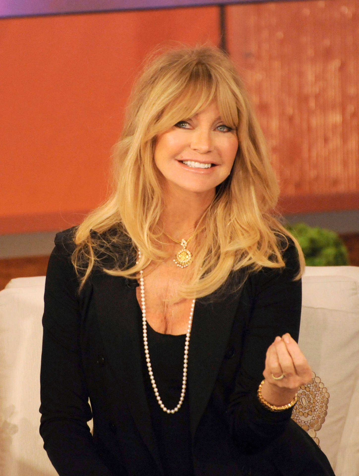 Goldie Hawn Engaging In Conversation On A Talk Show Background