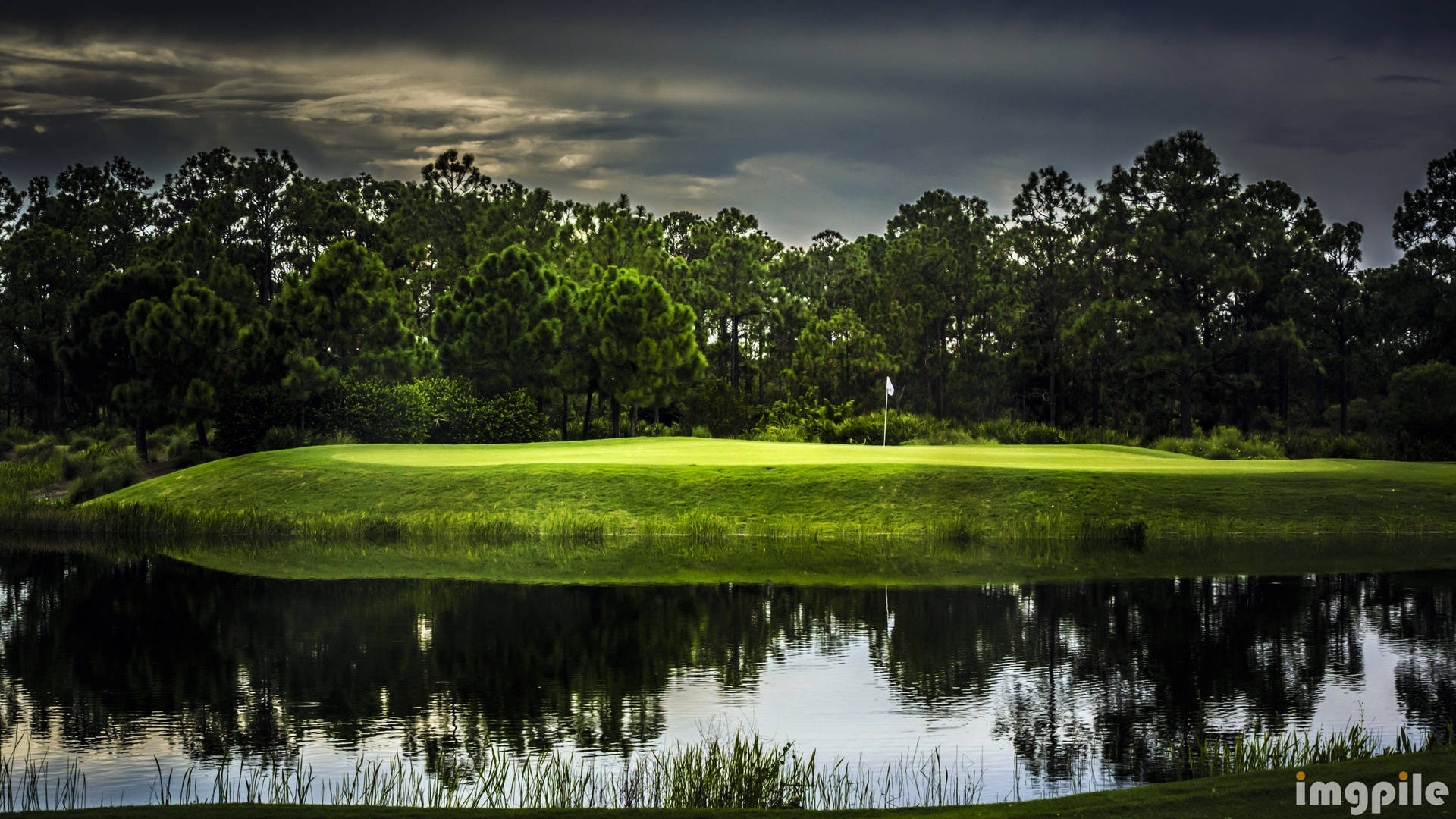 Golf Course And Dark Clouds Background