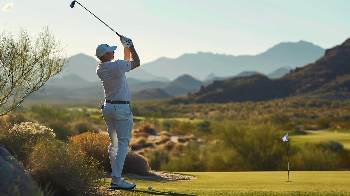 Golfer Swinging Club Desert Course.jpg Background
