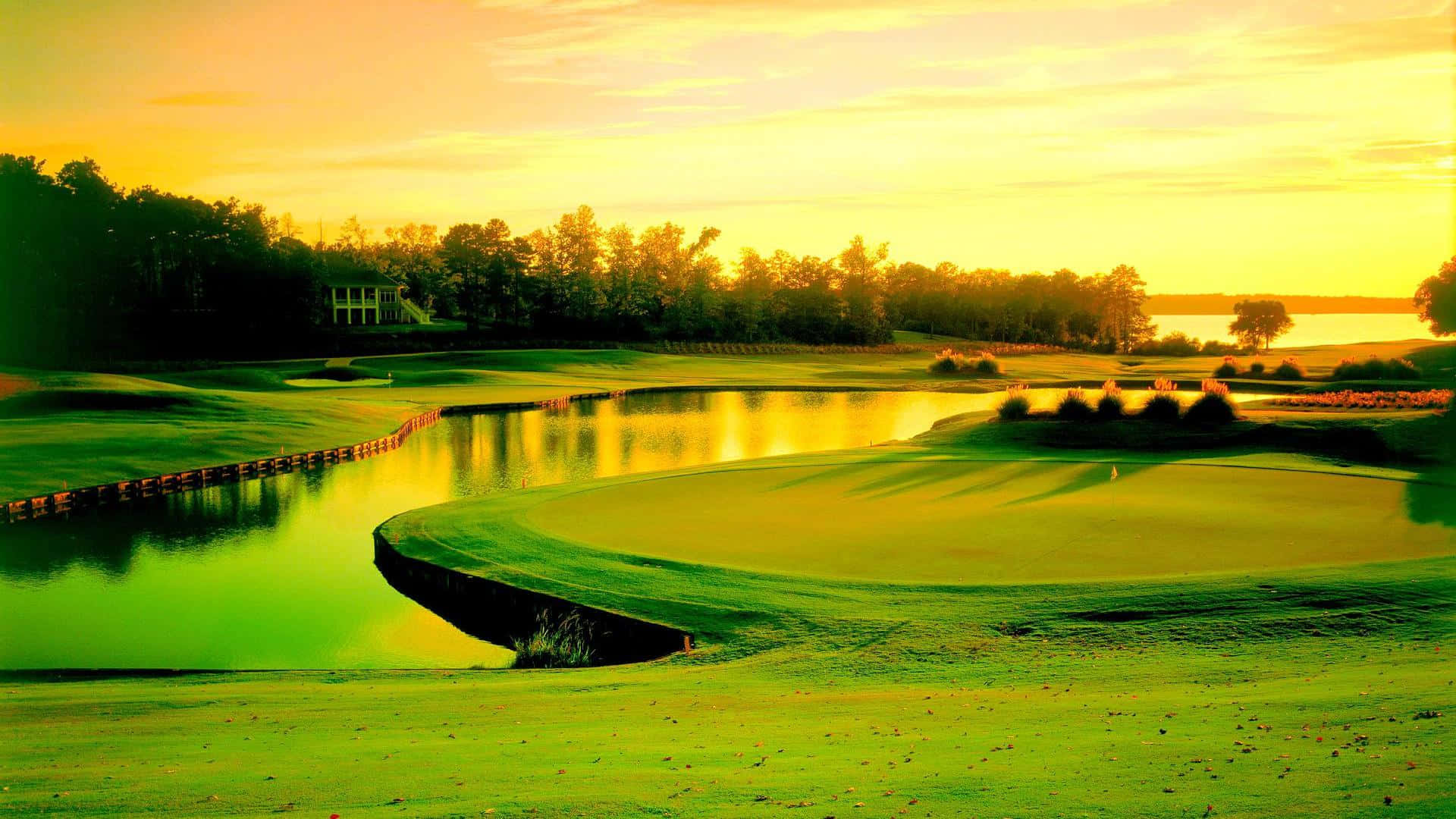 Golfers Enjoy The View At A Stunning Country Club Course Background