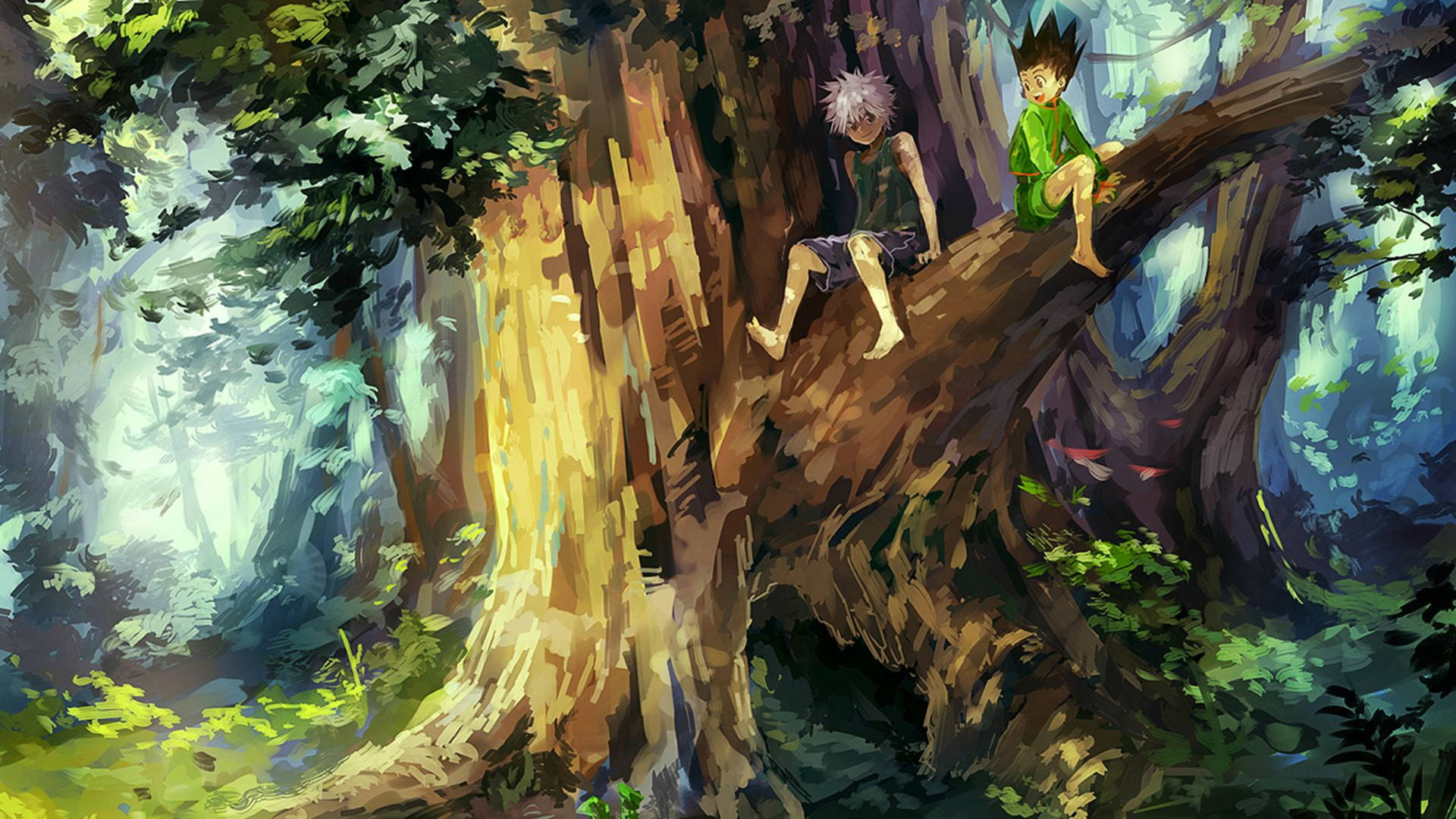 Gon And Killua On Tree Painting Background