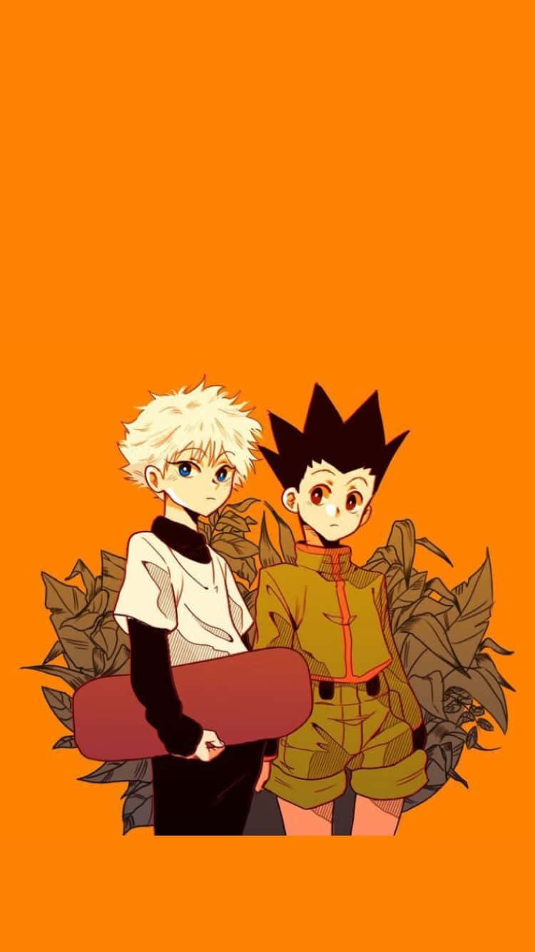 Gon And Killua Swapping Their Adventure Memories Through Their Phones Background