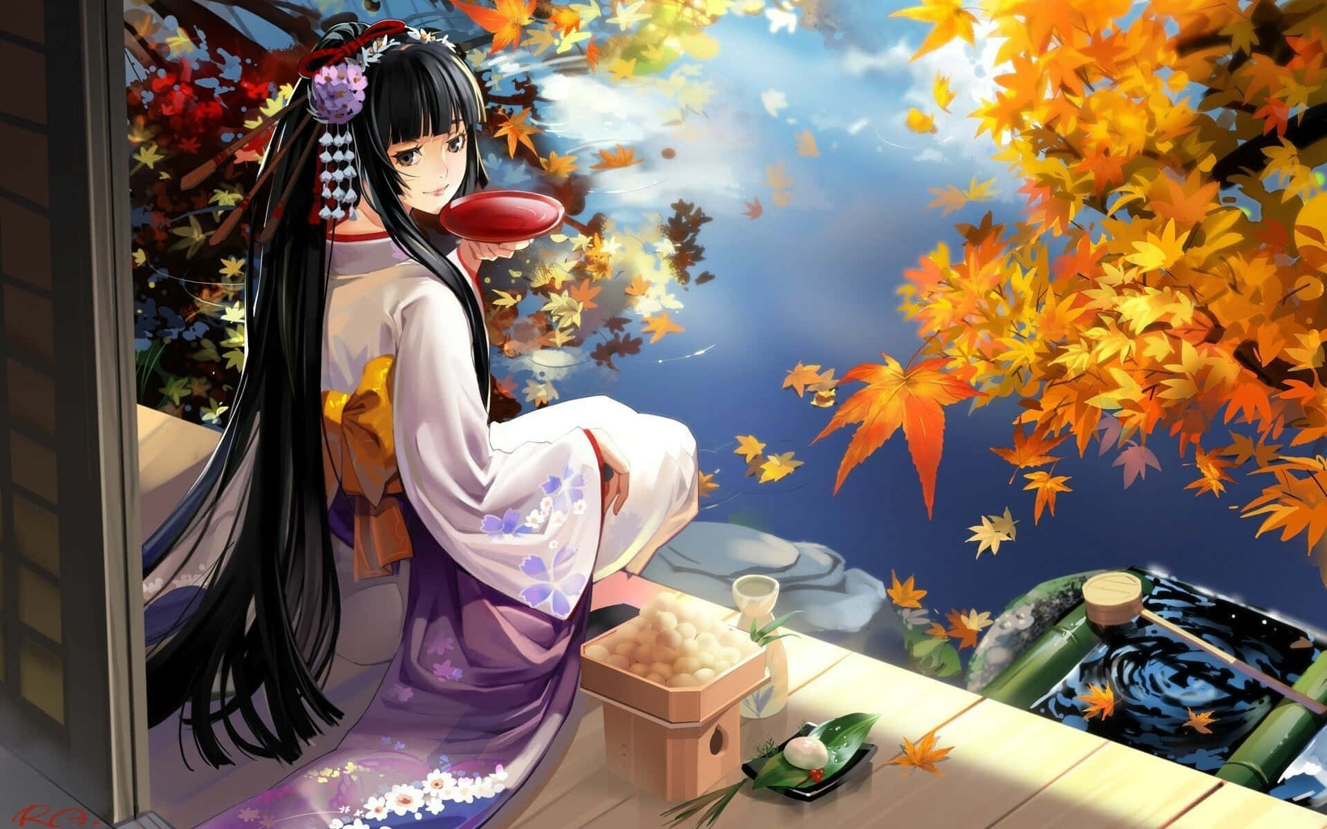 Good Anime Girl Kimono Maple Leaves Autumn