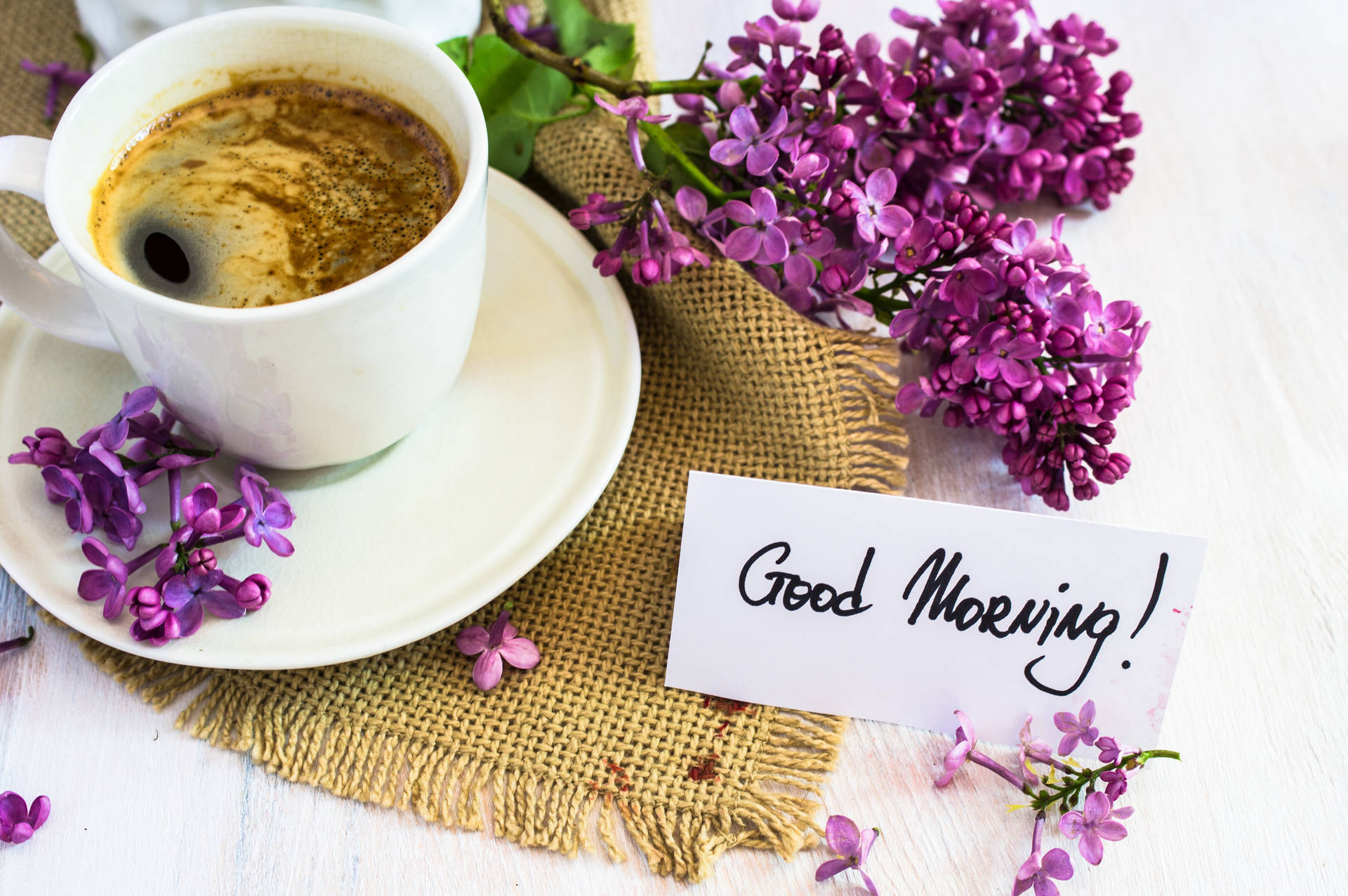 Good Morning Coffee Cup With Lilac Background