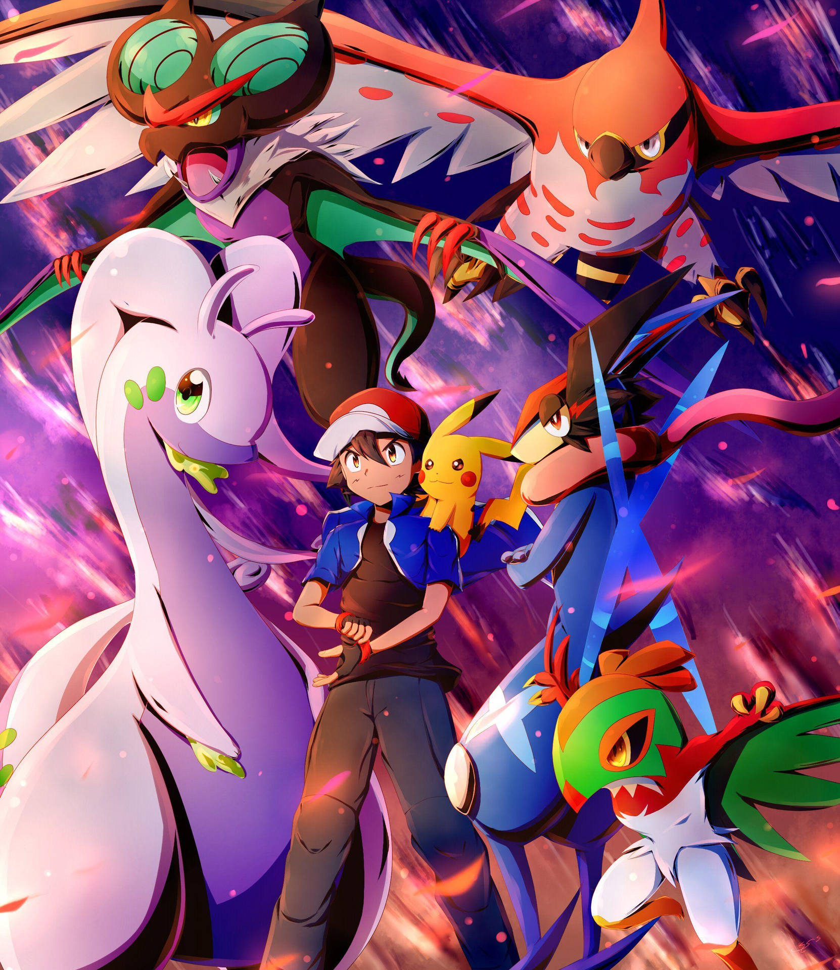 Goodra Alongside Ash's Pokemon Team Background