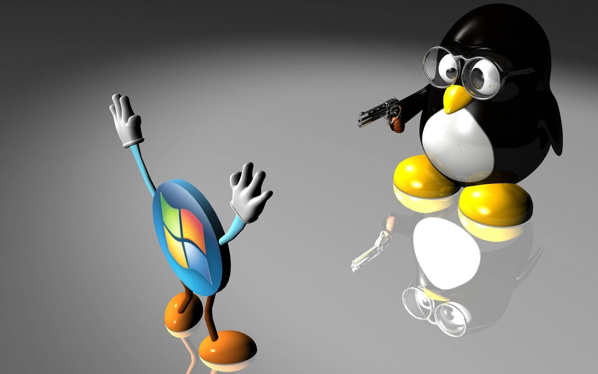 Goofy Tux Against Windows Logo Linux Desktop Graphic Art