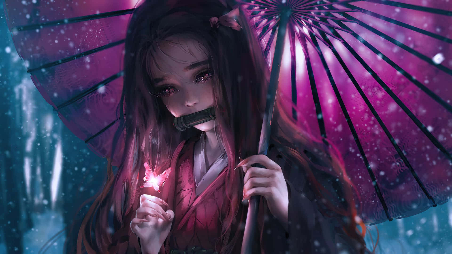 Google Anime Nezuko Falling Snow Background