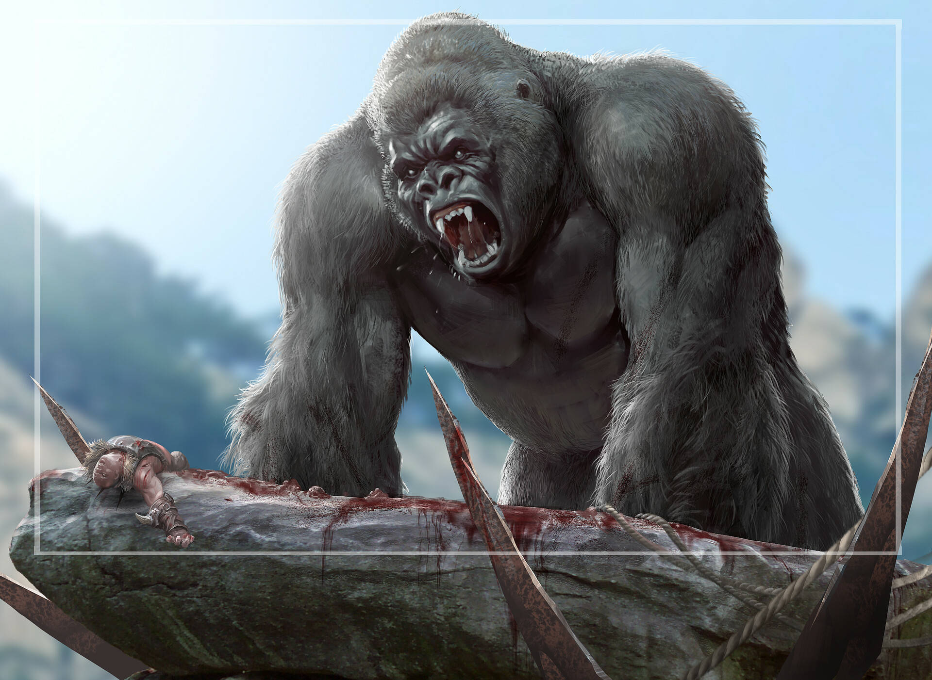 Gorilla Attacking A Human Art Background