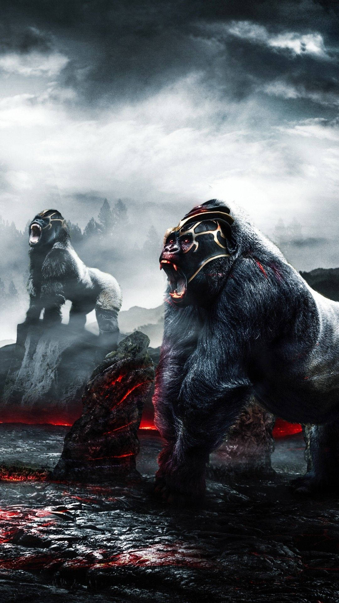 Gorillas In Volcano Art Background