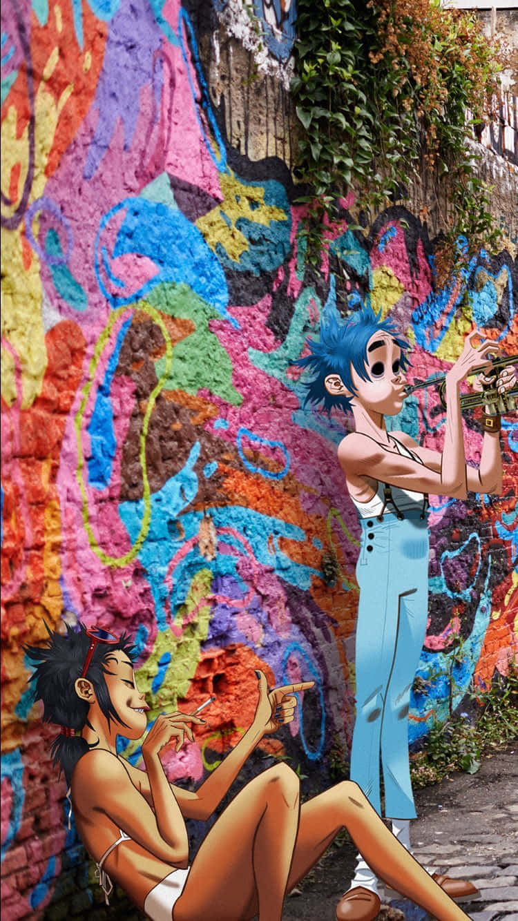 Gorillaz Iphone Noodle And 2d On A Street With Graffiti Background